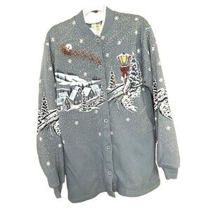 Vintage Art Unlimited brand Santa W Reindeer Christmas Cardigan Sweater Blue L